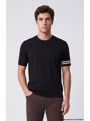 Network Black Short Sleeve Sweater With Block Pattern Sleeve Detail