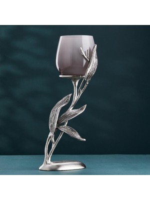 Cornella Ivy Antique Nickel Footed Smoked Ombre Glass Candle Holder Rim:11 cm x Height:43 cm