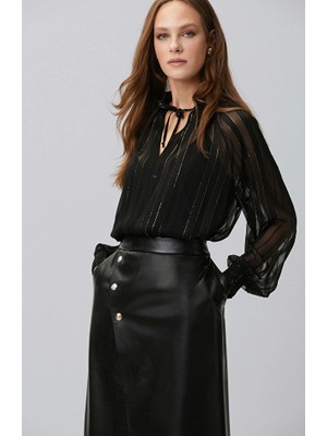 Network Black Gold Braid Trim Detailed Striped Chiffon Blouse