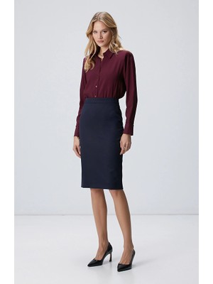 Network Navy Wool Blend Midi Pencil Skirt