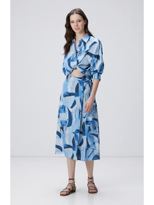 Network Navy And Blue Patterned Linen Skirt