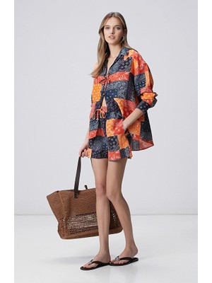 Network Navy Red Patterned Linen Mix Shorts