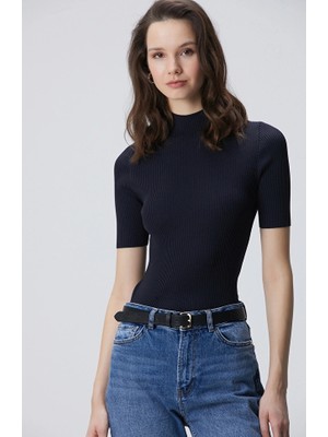 Network Navy Knitted Mock Neck Rayon Basic Sweater