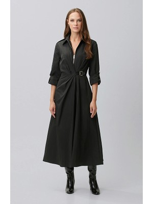 Network Black Belted Midi Taffeta Dress