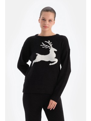 Dagi Black Deer Print Fleece Sweatshirt