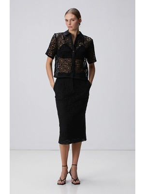 Network Black Midi Crochet Pencil Skirt