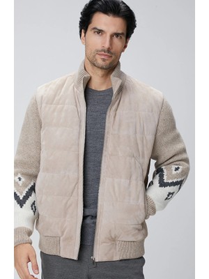Network Beige Knit-Detailed Leather Jacket