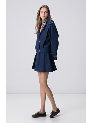 Network Navy Pleated Linen Blend Mini Skirt