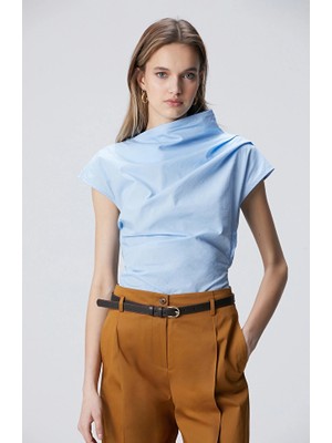 Network Light Blue Asymmetric Neck Blouse