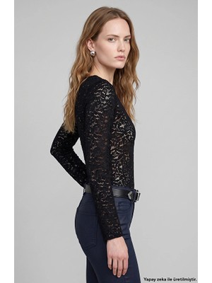 Network Black Guipure Lace Bodysuit Knit Blouse