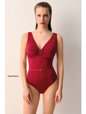 Suwen Burgundy V-Neck Shaping Colorful Swimsuit