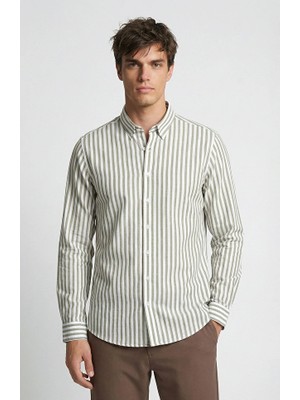 Network Slim Fit Khaki Stripe Pattern Linen Shirt