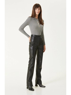Network Black Slit Hem Leather Pants