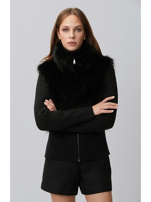 Network Black Faux Fur Jacket With Knit Sleeves