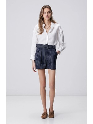 Network Navy White Striped Belted Linen Blend Shorts