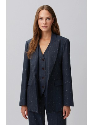 Network Navy Single-Button Glitter Striped Blazer