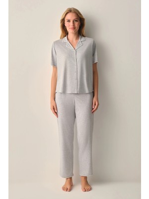 Suwen Grey Melange Hilary Shirt Collar Pajama Set