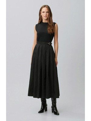 Network Black Belt Detail Midi Taffeta Skirt