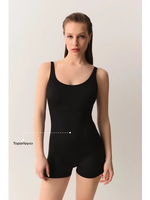 Suwen Black Corseted Shaping Swimsuit With Shorts