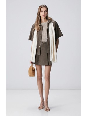 Network Khaki Embellished Waist Suede Leather Mini Skirt
