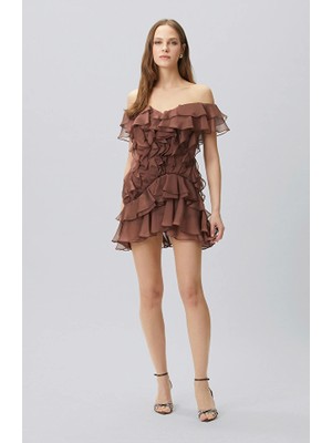 Network Brown Ruffled Mini Evening Dress