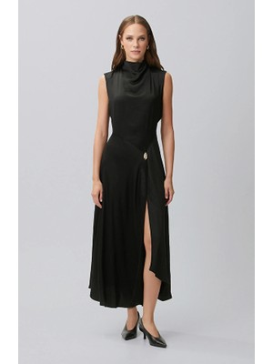 Network Black Cowl Neck Slit Asymmetric Midi Dress
