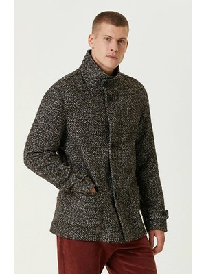 Network Brown Wool Blend Stand Collar Zip Patterned Coat