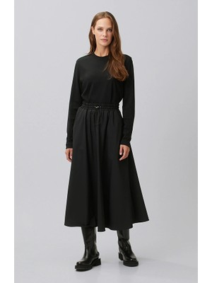 Network Black Gathered Elastic Waist Loose Mid-Length Skirt