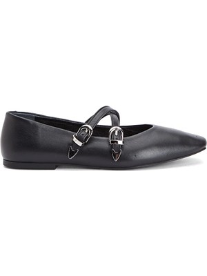 Network Black Buckle Detail Leather Ballet Flats