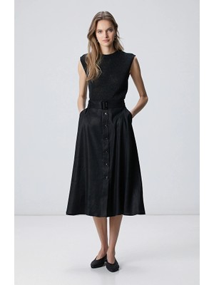 Network Black Buttoned Midi Linen Skirt