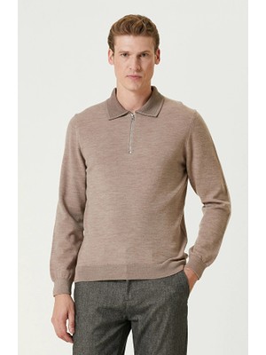 Network Beige Melange Polo Collar Zip Knit Sweater