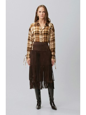 Network Limited Brown Fringed Midi Suede Leather Skirt
