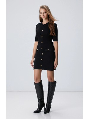 Network Black Button Detailed Knit Dress