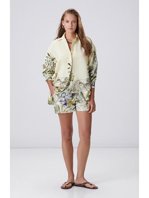 Network Green Patterned Linen Shorts