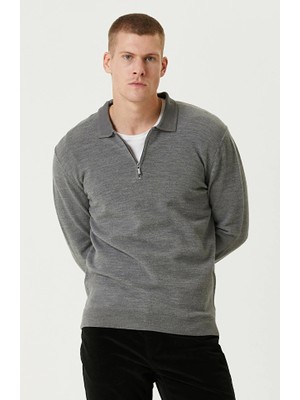Network Grey Melange Polo Collar Zip Knit Sweater