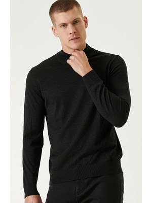 Network Anthracite Melange Mock Neck Wool Blend Knit Sweater
