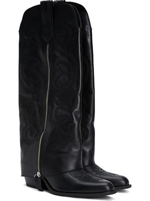Network Black Zipper Detailed Women's Leather Boots
