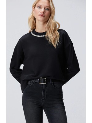 Network Black Sweatshirt With Stone-Embellished Collar