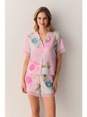 Suwen Pink Meloni Shirt Collar Shorts Pajama Set