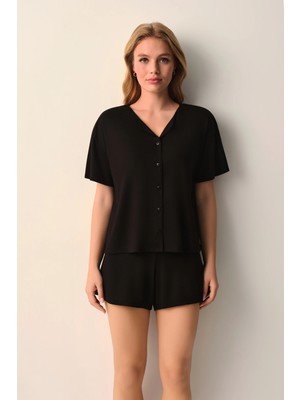 Suwen Black Mira Modal Shirt Collar Shorts Pajama Set
