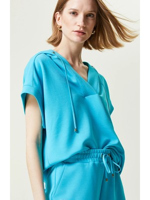 Network Plain Turquoise Short Sleeve Sweatshirt