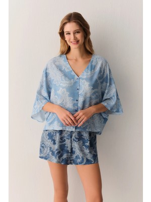 Suwen Navy Patterned Paisly Shirt Collar Shorts Pajama Set