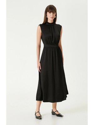 Network Black Stand Collar Midi Dress