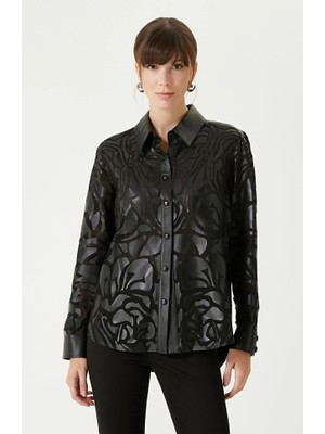 Network Limited Black Cut-Out Pattern Detail Leather Shirt