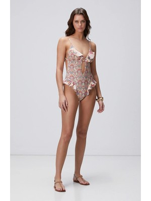 Network Beige Ruffle-Detailed Swimsuit