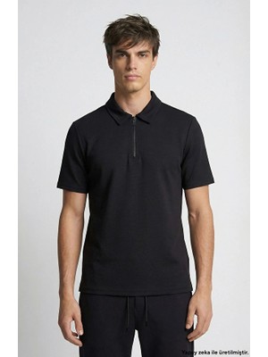Network Black Polo Collar Zippered Sweatshirt