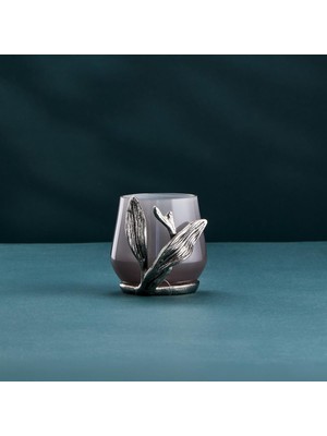 Cornella Ivy Antique Nickel Detailed Smoked Ombre Glass Candle Holder Rim:7 cm x Height:9 cm