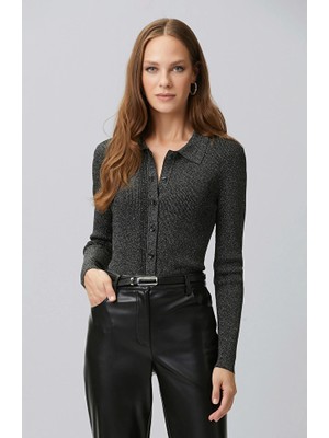Network Black Shimmer Buttoned Knit Sweater