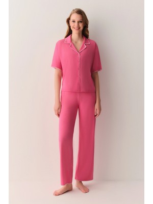 Suwen Pink Melange Hilary Shirt Collar Pajama Set