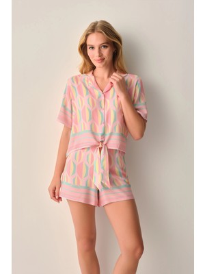 Suwen Pink Sevara Shirt Collar Shorts Pajama Set